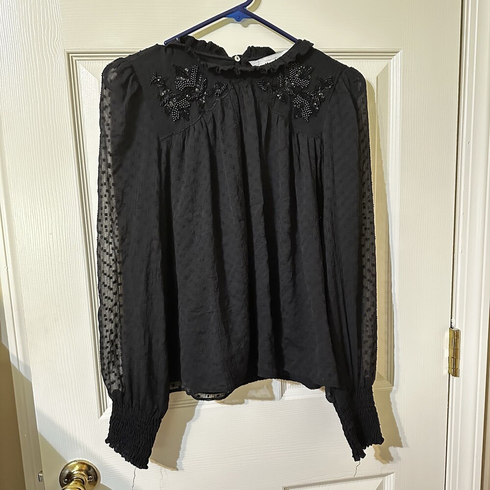 Zara Black Sequin High Neck Long Sheer Sleeve Peasant Blouse L
